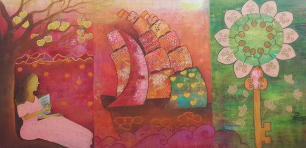 Figurative mixed media painting titled 'Towards Oneness 2', 22x45 inches, by artist Poonam Agarwal on Canvas