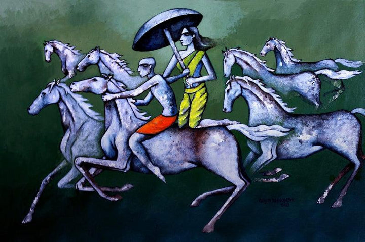 Figurative acrylic painting titled 'Towards The Destination', 23x35 inches, by artist Ranjith Raghupathy on Canvas