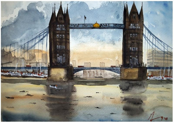 Cityscape watercolor painting titled 'Tower Bridge London', 11x14 inches, by artist Arunava Ray on Paper