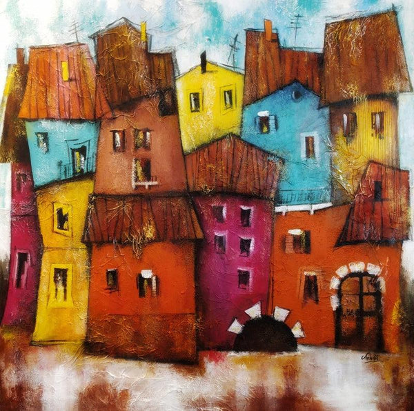 Landscape acrylic painting titled 'Townhouse', 36x36 inches, by artist Ankita Dey Bhoumik on Canvas