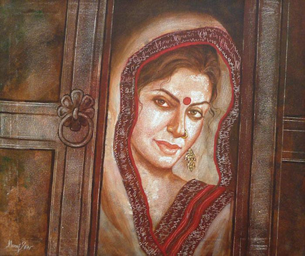 Figurative acrylic painting titled 'Traditional Woman', 20x24 inches, by artist Manoj Sen on Canvas