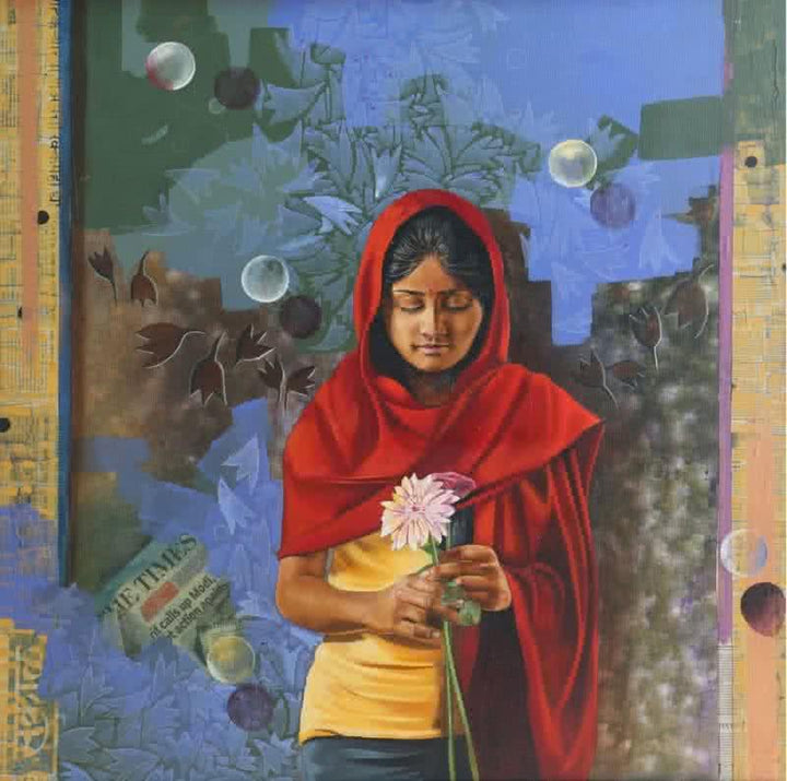 Figurative acrylic oil painting titled 'Traditionally Modern', 36x36 inches, by artist Nitin  Marde on Canvas