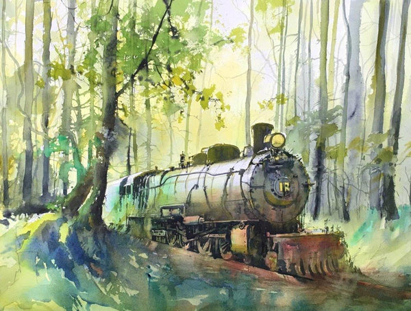 Cityscape watercolor painting titled 'Train passing through Nature', 22x29 inches, by artist Bijay Biswaal on Paper