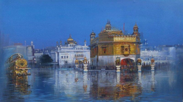 Cityscape acrylic painting titled 'Train to Golden Temple', 48x84 inches, by artist Bijay Biswaal on Canvas