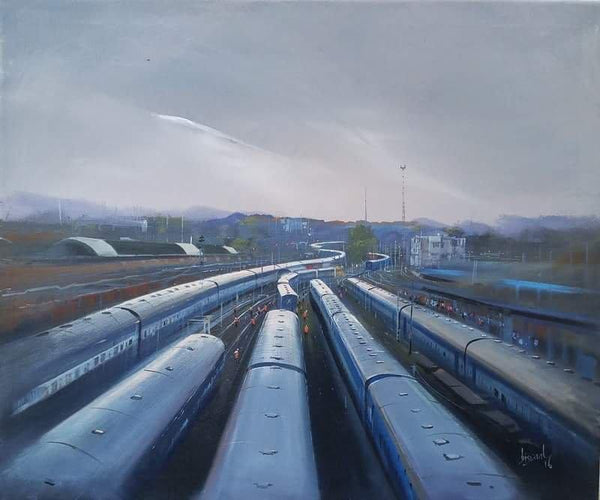 Cityscape acrylic painting titled 'Train Trail', 24x30 inches, by artist Bijay Biswaal on Paper