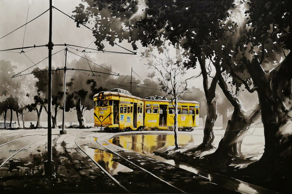 Cityscape acrylic painting titled 'Tram In Calcutta Street 2', 48x72 inch, by artist Arpan Bhowmik on Canvas