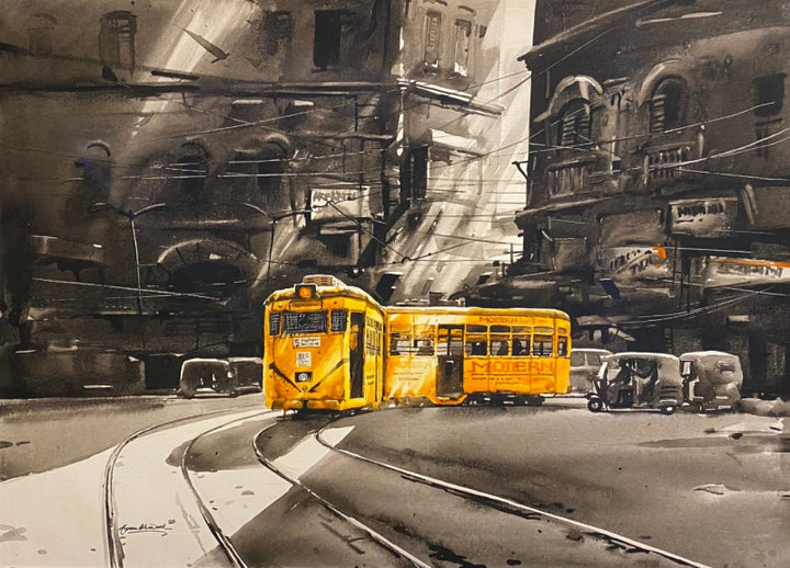 Cityscape acrylic painting titled 'Tram In Calcutta Street 4', 30x40 inch, by artist Arpan Bhowmik on Canvas