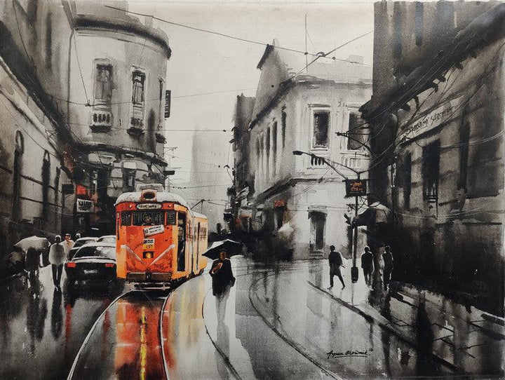 Cityscape acrylic painting titled 'Tram In Calcutta Street 1', 30x40 inches, by artist Arpan Bhowmik on Canvas