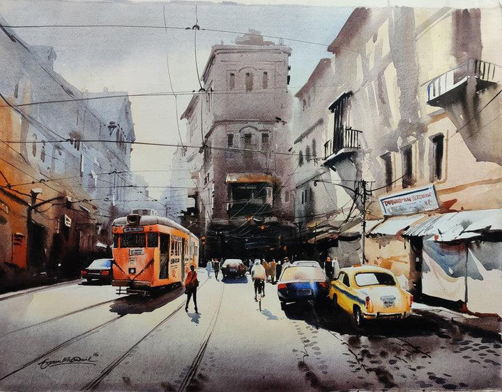 Cityscape acrylic painting titled 'Tram In Calcutta Street 2', 30x40 inches, by artist Arpan Bhowmik on Canvas