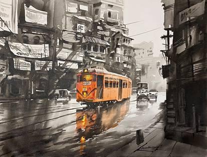 Cityscape acrylic painting titled 'Tram in Calcutta Street', 30x40 inches, by artist Arpan Bhowmik on Canvas