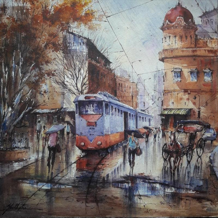 Cityscape watercolor painting titled 'Tram in kolkata 1', 15x15 inches, by artist SHUBHASHIS MANDAL on Handmade paper