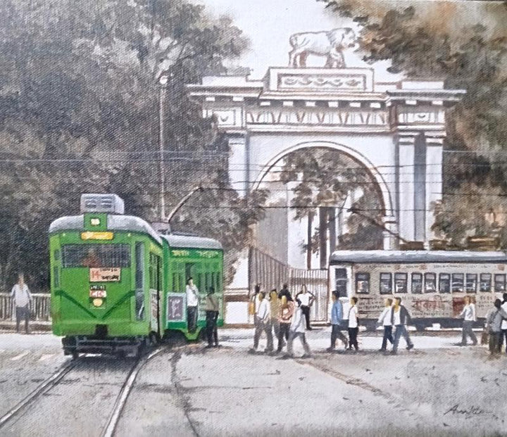 Cityscape acrylic painting titled 'Tram In Kolkata 3', 16x20 inches, by artist Amlan Dutta on Canvas