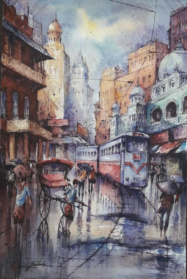 Cityscape watercolor painting titled 'Tram In Kolkata 5', 22x15 inches, by artist SHUBHASHIS MANDAL on Handmade Paper