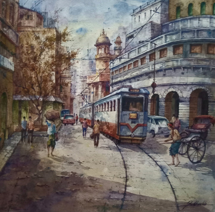 Cityscape watercolor painting titled 'Tram In Kolkata 6', 22x22 inch, by artist Shubhashis Mandal on Handmade Paper