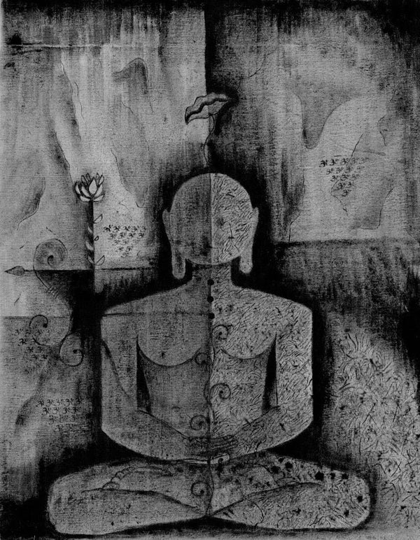 meditation acrylic-charcoal painting titled 'Transcendental Universe 3', 32x26 inch, by artist Alpa Palkhiwala on Canvas