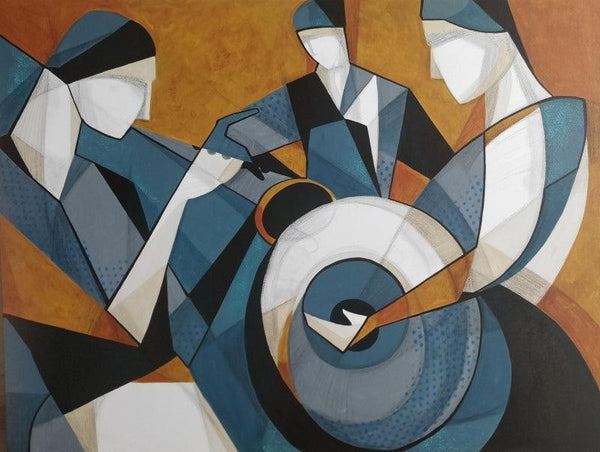 Figurative mixed media painting titled 'Transcends 1', 36x48 inches, by artist Satyendra Rane on Canvas