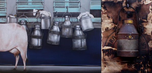 contemporary mixed media painting titled 'Transportation Of Cow 1', 32x66 inches, by artist Anil Kumar Bodwal on Canvas