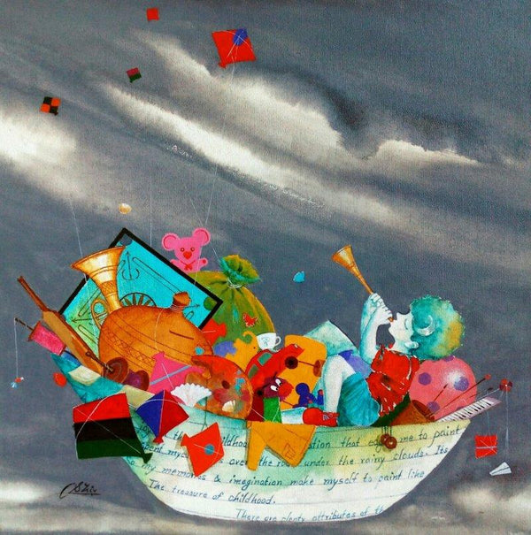 Motivational acrylic painting titled 'Treasure Of The Childhood Iii', 18x18 inches, by artist Shiv Soni on canvas