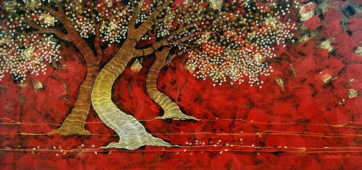 Nature acrylic painting titled 'Tree 4', 24x48 inches, by artist Rahul Dangat on Canvas