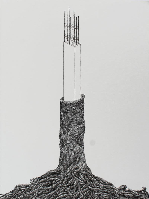 contemporary pen ink drawing titled 'Tree And Pillar', 12x9 inches, by artist Appalachari Chalapaka on Paper