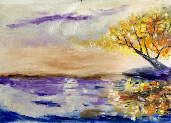 Impressionist oil painting titled 'Tree at horizon', 15x21 inches, by artist Kiran Bableshwar on Canvas