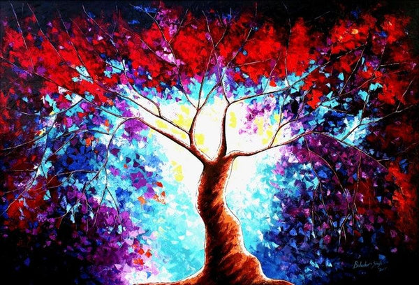 Nature oil painting titled 'Tree Of Life 4', 48x72 inches, by artist Bahadur Singh on Canvas