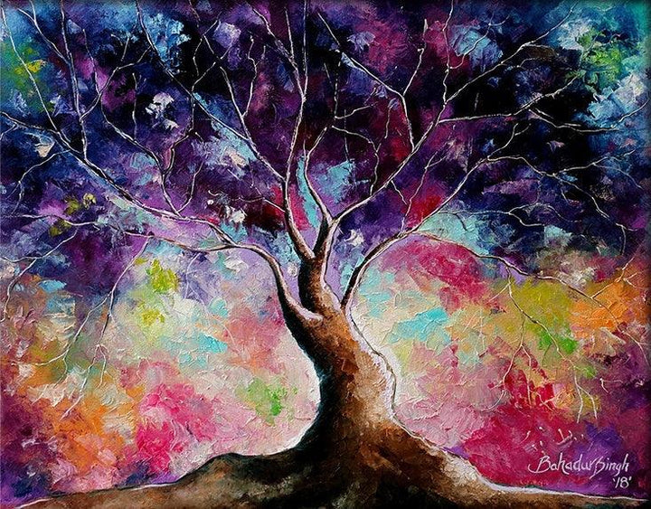 Nature oil painting titled 'Tree Of Life 7', 20x24 inches, by artist Bahadur Singh on Canvas