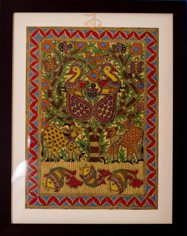 Folk Art madhubani traditional art titled 'Tree of life Madhubani Painting', 20x16 inches, by artist Kalaviti Arts on Cloth