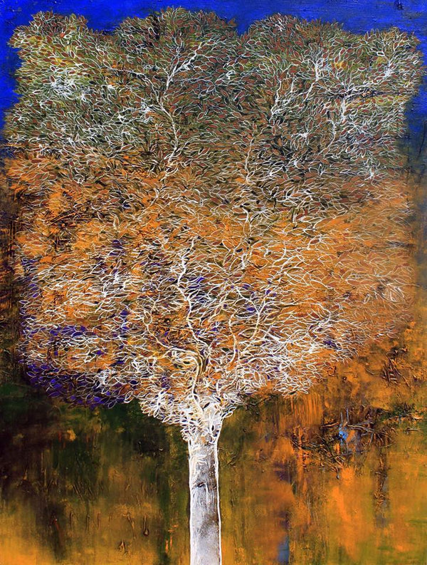 Nature acrylic painting titled 'Tree Of Life Orange', 48x36 inches, by artist Bhaskar Rao on Canvas