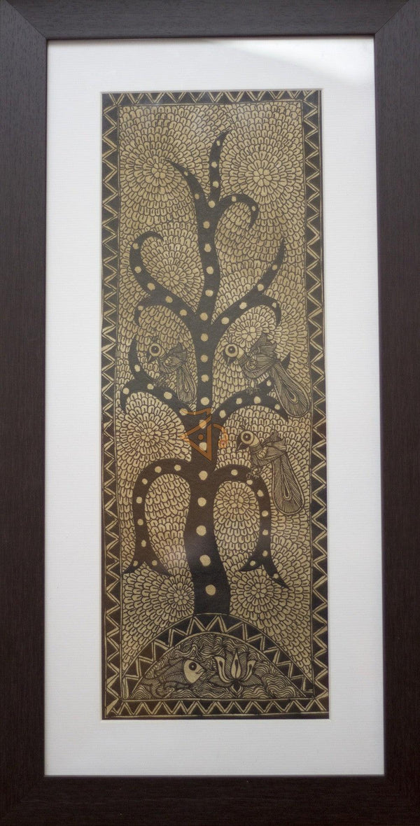 Folk Art madhubani traditional art titled 'Tree of life yellow Madhubani Painting', 18x8 inches, by artist Kalaviti Arts on Cloth