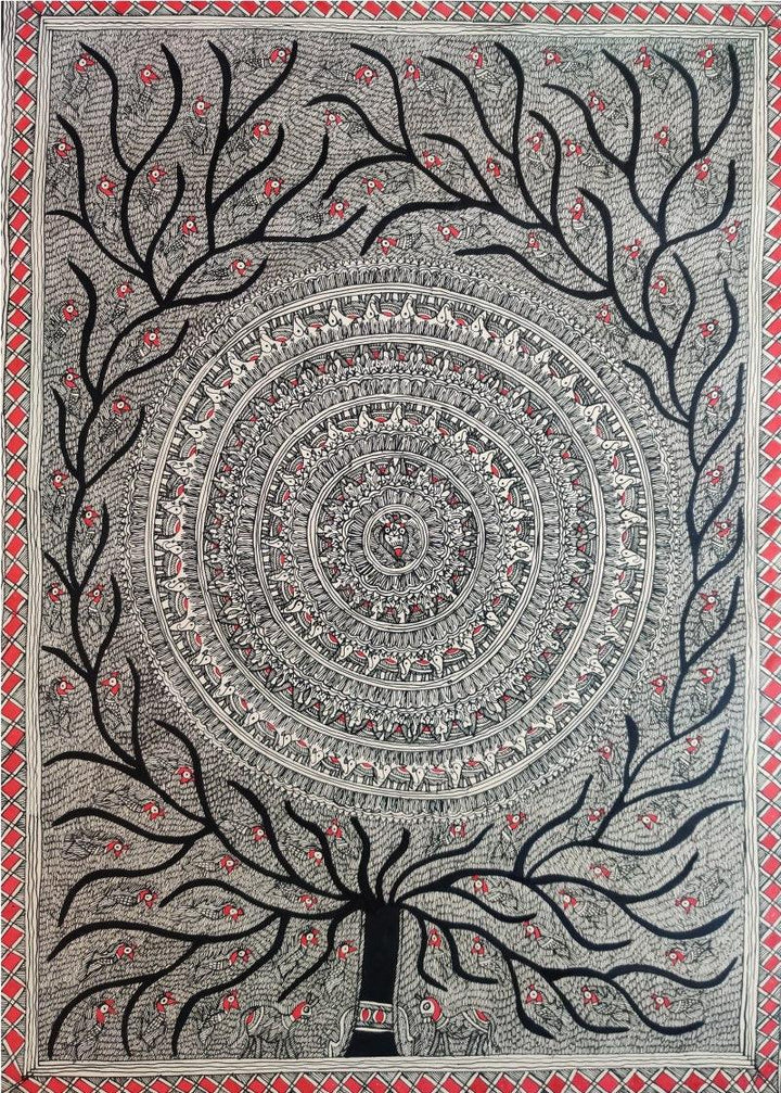 Nature madhubani traditional art titled 'Tree Of Prosperity', 30x22 inches, by artist Mithilesh Jha on Paper