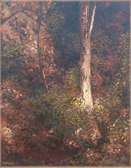 Landscape oil painting titled 'Tree Trunk I', 16x20 inches, by artist Fareed Ahmed on Canvas Board