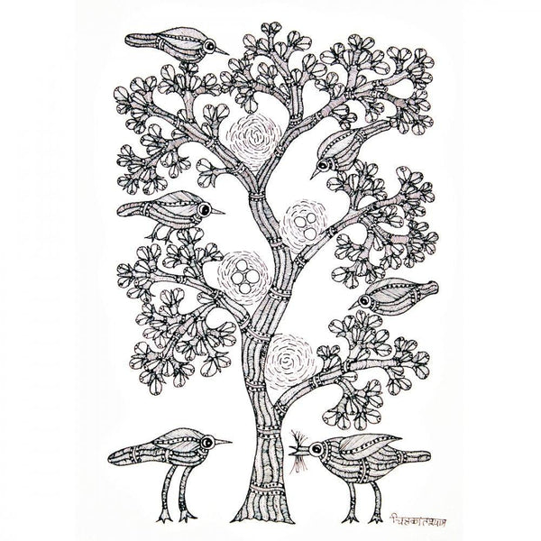 Folk Art gond traditional art titled 'Tree With Birds Gond Art', 14x10 inches, by artist Chitrakant Shyam on Paper