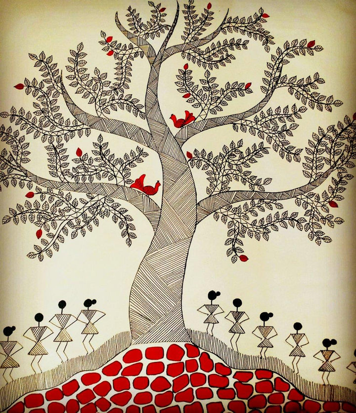 Folk Art acrylic painting titled 'Treeoflife3', 40x36 inches, by artist Madhavi Sandur on Canvas