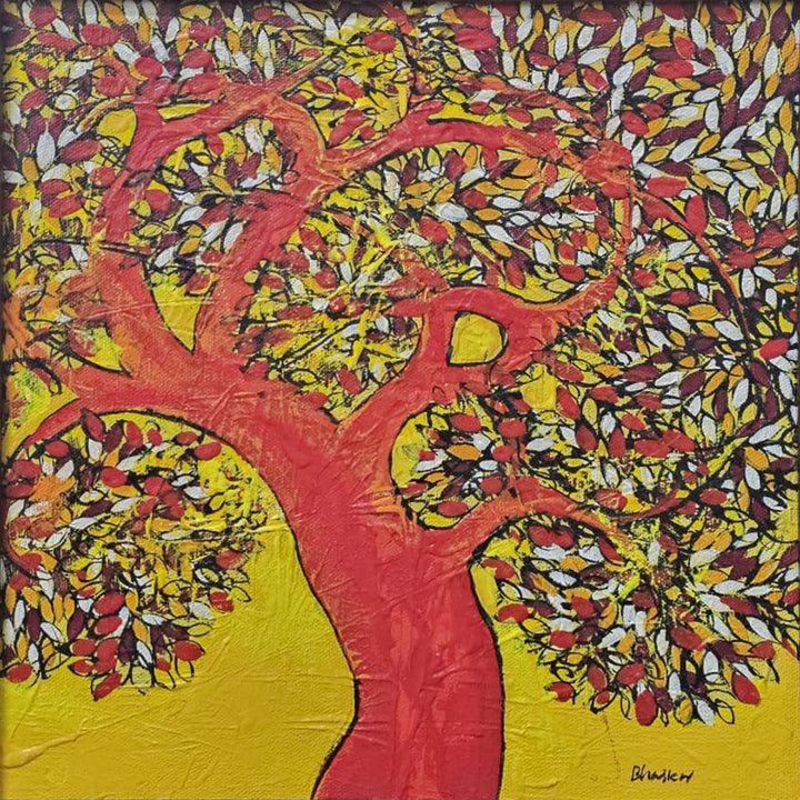 Nature acrylic painting titled 'Treescape 224', 12x12 inches, by artist Bhaskar Rao on Canvas