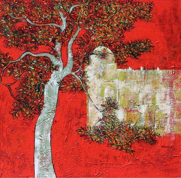 Nature acrylic painting titled 'Treescape', 24x24 inches, by artist Bhaskar Rao on Canvas