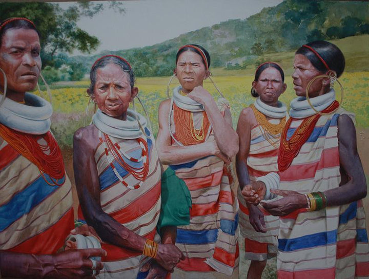 Figurative watercolor painting titled 'Tribal', 34x46 inches, by artist Raghunath Sahoo on Paper