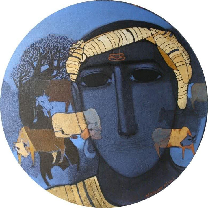 Figurative acrylic painting titled 'Tribal Boy Round', 24x24 inches, by artist Siddharth Shingade on Canvas