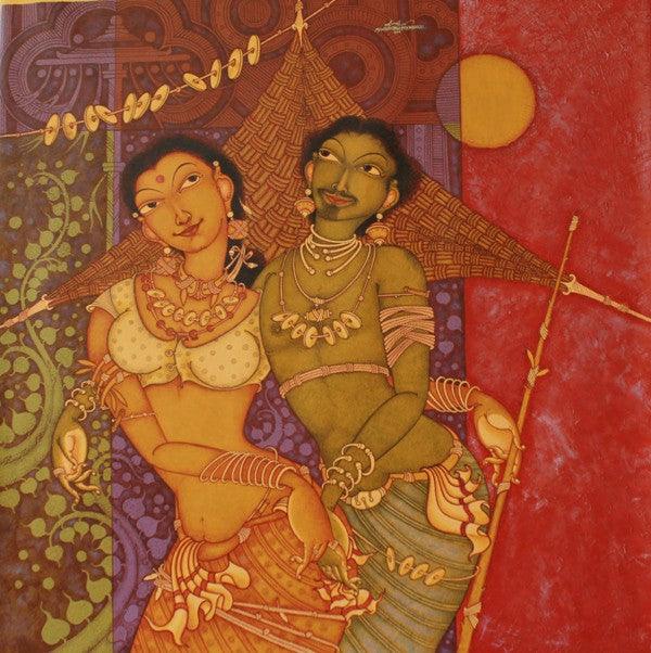 Figurative acrylic painting titled 'Tribal Couple', 48x48 inches, by artist Manikandan Punnakkal on Canvas