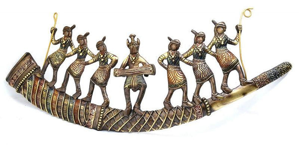 Figurative handicraft titled 'Tribal Folk Dancers on Shehnai', 8x22x2 inches, by artist Brass Handicrafts on Brass