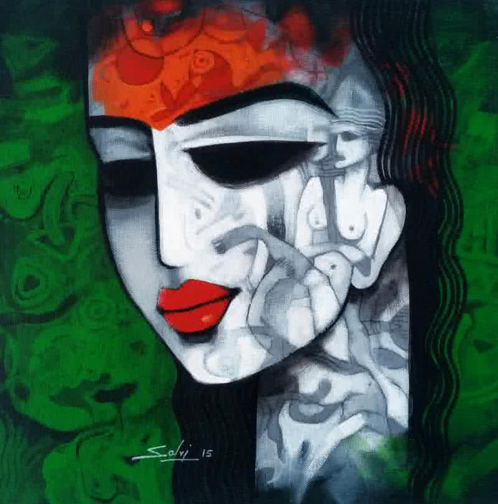 Figurative acrylic painting titled 'Tribal Girl I', 14x14 inches, by artist Mukesh Salvi on Canvas