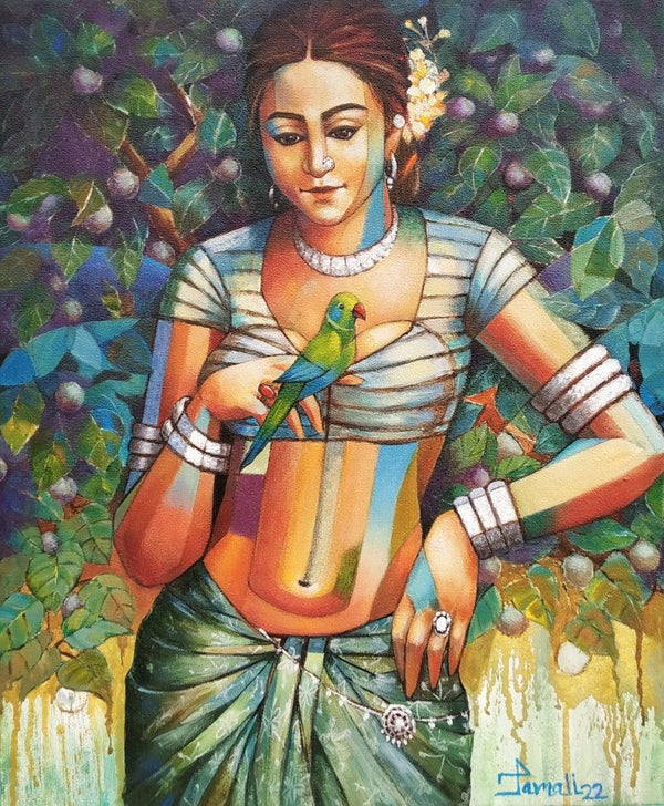 Figurative acrylic painting titled 'Tribal Girl With Bird', 24x20 inches, by artist Tamali Das on Canvas