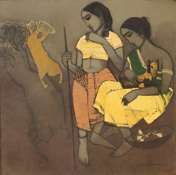 Figurative acrylic painting titled 'Tribal Girls', 20x20 inches, by artist Siddharth Shingade on Canvas