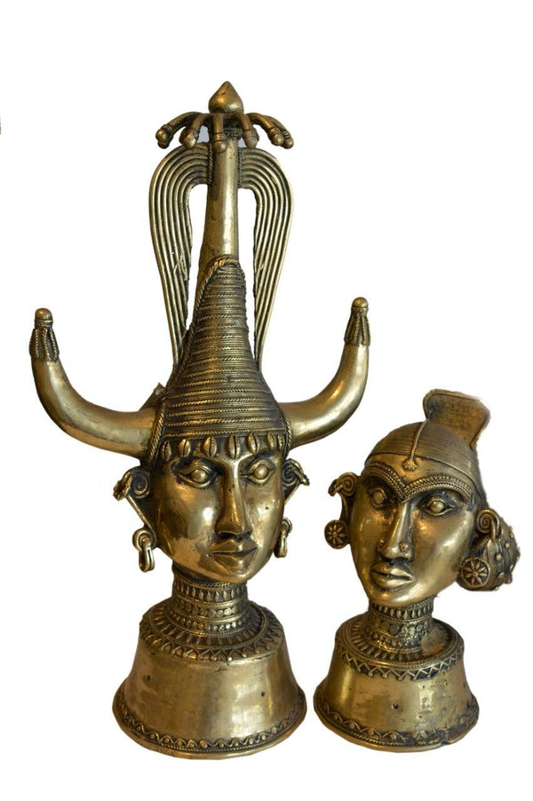 Figurative sculpture titled 'Tribal Head Pair 1', 18x10x5 inches, by artist Kushal Bhansali on Brass