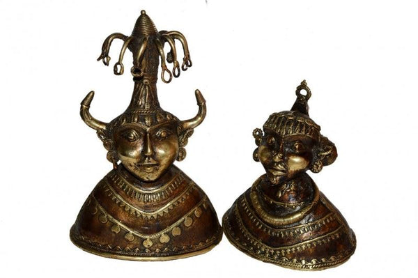 Figurative sculpture titled 'Tribal Head Pair 2', 12x13x4 inches, by artist Kushal Bhansali on Brass