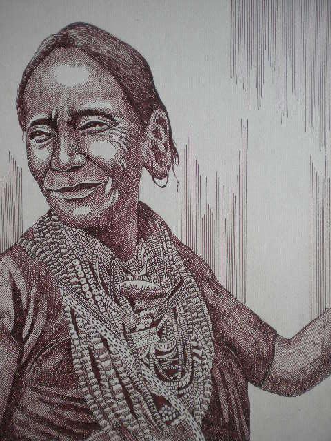 Portrait pen drawing titled 'Tribal Lady 1', 10x8 inches, by artist Pradeep Swain on Paper