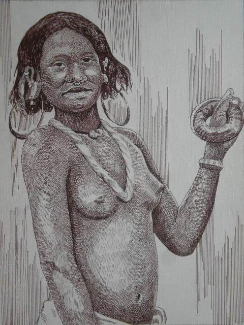 Nude pen drawing titled 'Tribal Lady 4', 10x8 inches, by artist Pradeep Swain on Paper