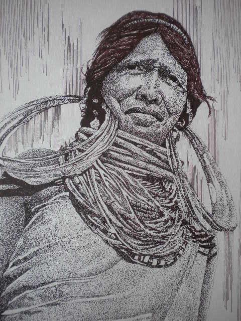 Portrait pen drawing titled 'Tribal Lady 5', 10x8 inches, by artist Pradeep Swain on Paper