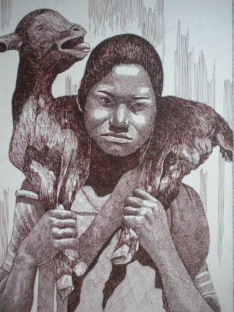 Animals pen drawing titled 'Tribal Lady 6', 10x8 inches, by artist Pradeep Swain on Paper