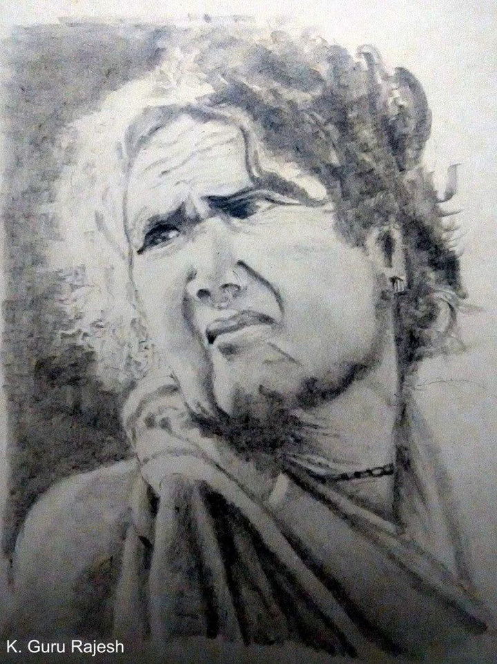 Portrait pencil drawing titled 'Tribal lady', 5x4 inches, by artist Guru Rajesh on Paper